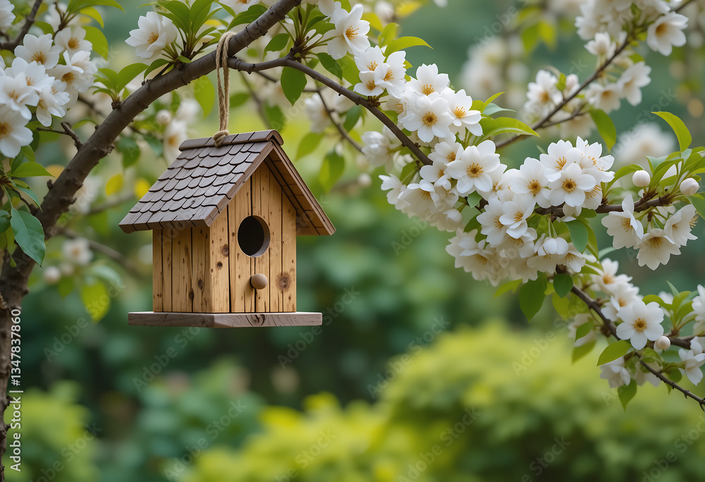 Wooden birdhouse hangs from a tree branch with white flowers, creating a picturesque scene in a wildlife-friendly garden during spring Wooden birdhouse hangs from a tree branch with white flowers, creating a picturesque scene in a wildlife-friendly garden during spring