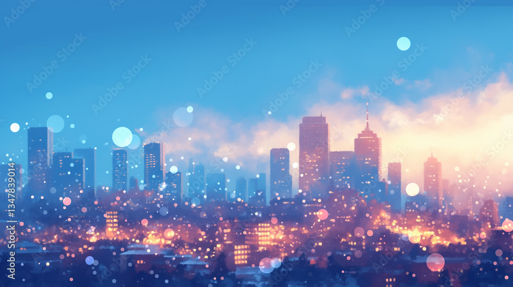 Fototapeta premium 青い夜空と光り輝く都市の風景 近未来の夜景 高層ビル群のライトが幻想的な雰囲気を演出するシティスケープ サイバーパンクな世界観 デジタルアート。70年代、80年代のシティポップを意識した都市の夜景のアニメ風イラスト,