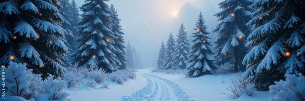 Snow-covered evergreen forest with misty atmosphere and twinkling lights, lighting, evergreen, snow Snow-covered evergreen forest with misty atmosphere and twinkling lights, lighting, evergreen, snow