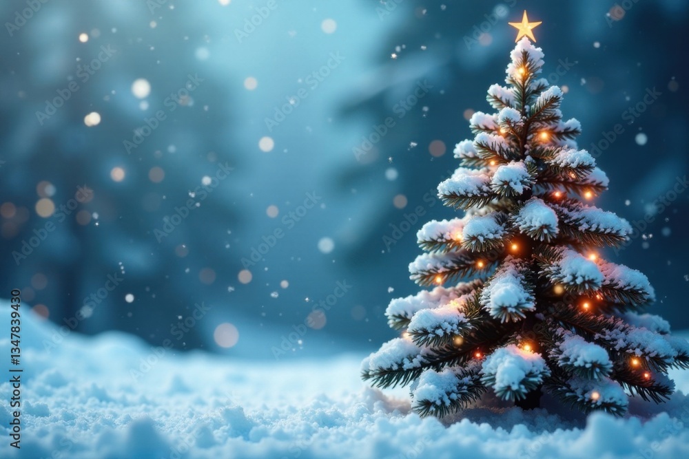Snow-covered Christmas tree with snowflakes and icicles, winter, landscape, evergreen Snow-covered Christmas tree with snowflakes and icicles, winter, landscape, evergreen