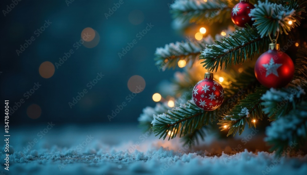 Snowflakes falling on a festive Christmas tree, ornaments, Christmas, winter Snowflakes falling on a festive Christmas tree, ornaments, Christmas, winter