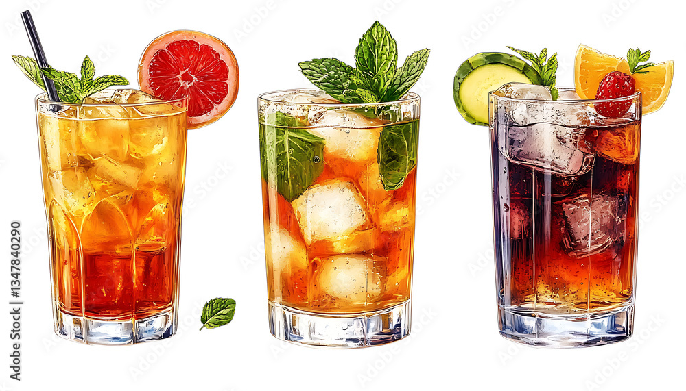 A set of colorful tropical cocktails, isolated on a transparent background. A set of colorful tropical cocktails, isolated on a transparent background.