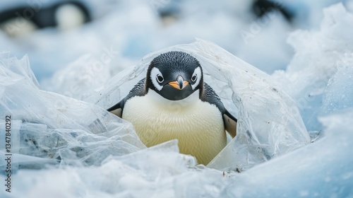 Penguin trapped in plastic bag. Human activities impact and threaten animal’s natural habitat.