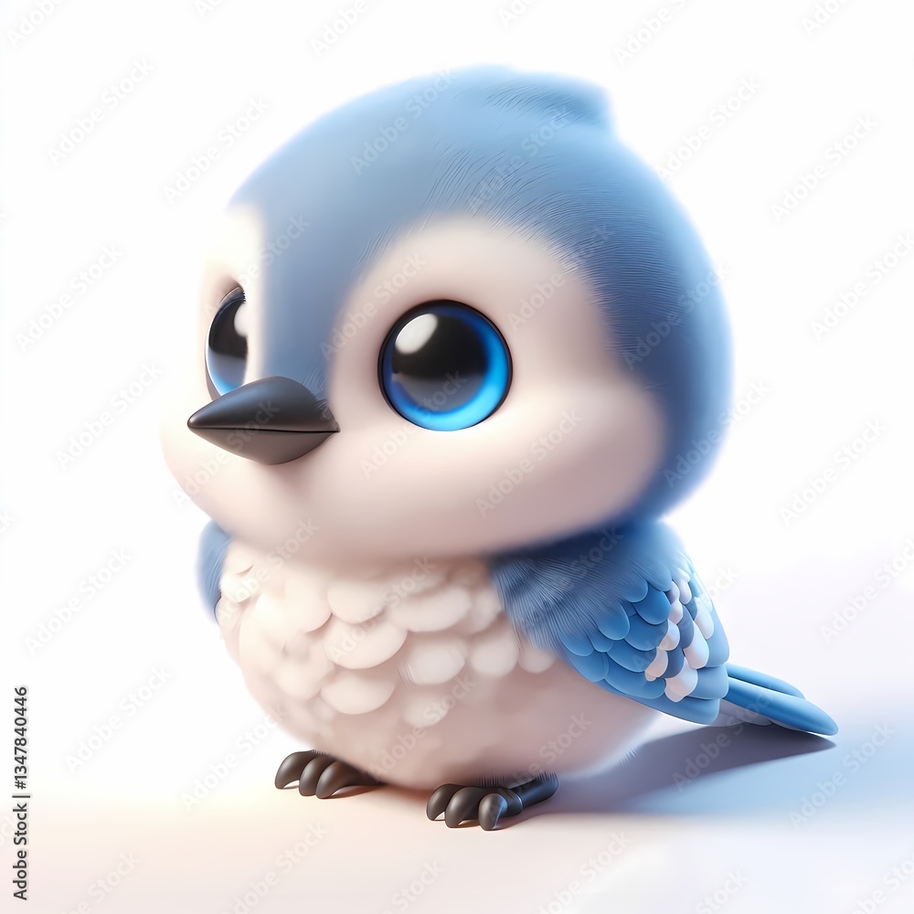 Obraz premium Adorable 3D baby jaybird with soft blue and white feathers, isolated on white.
