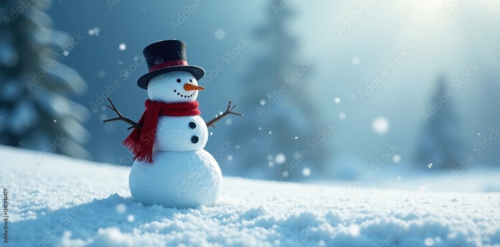 Obraz premium Snowman solitary figure stands amidst vast snowy expanse, snowflakes gently falling around him, frosty landscape, isolated figure