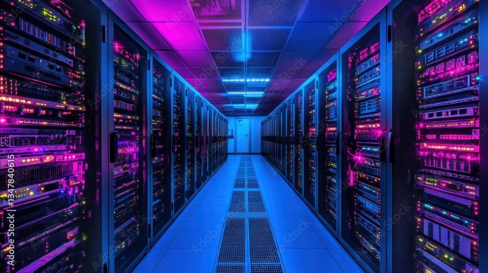 Obraz premium Neon-Lit Server Room, Glimpse into the Digital Heart