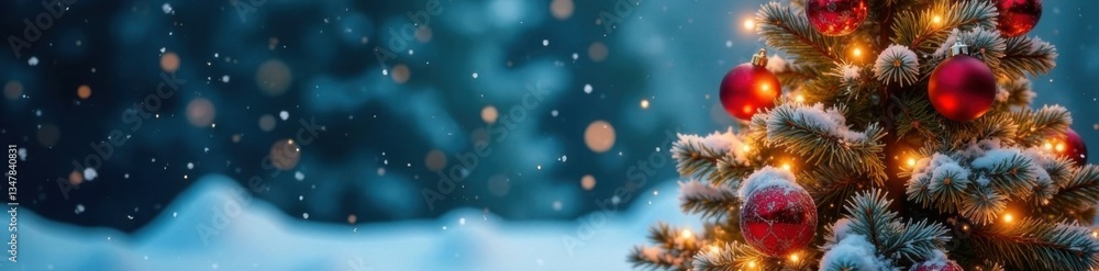 Snowy Christmas tree with garlands and baubles, festive ornaments, snowy scene, winter decor Snowy Christmas tree with garlands and baubles, festive ornaments, snowy scene, winter decor