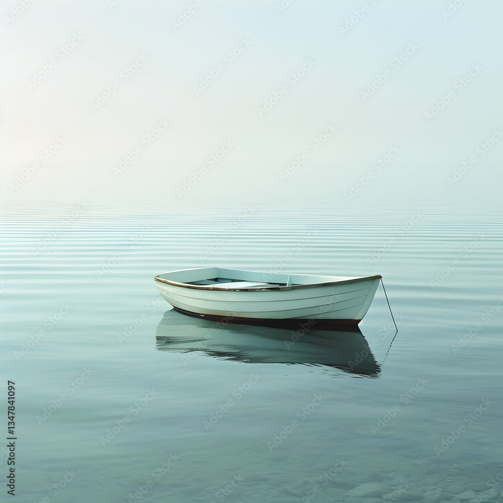 Naklejka premium A single rowboat floating on calm water under a soft pastel blue sky