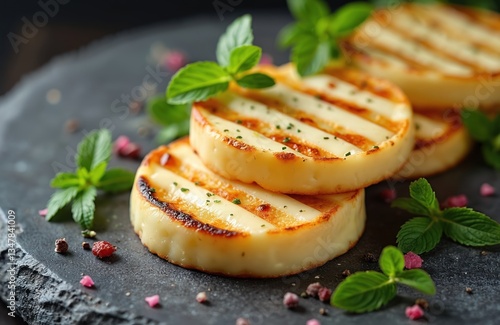 Grilled halloumi cheese slices with grill marks and mint leaves on dark stone plate. Cyprus squeaky cheese recipe, healthy vegetarian meal. Mediterranean food, lunch, dinner.