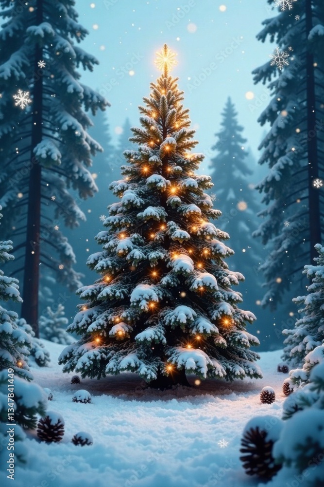 Obraz premium Snowy forest with a tall Christmas tree in the center surrounded by snowflakes and pinecones, winter, christmas, pinecones