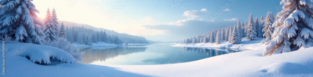 Snowy landscape with frozen lake and trees in the background, trees, frozen, winter Snowy landscape with frozen lake and trees in the background, trees, frozen, winter