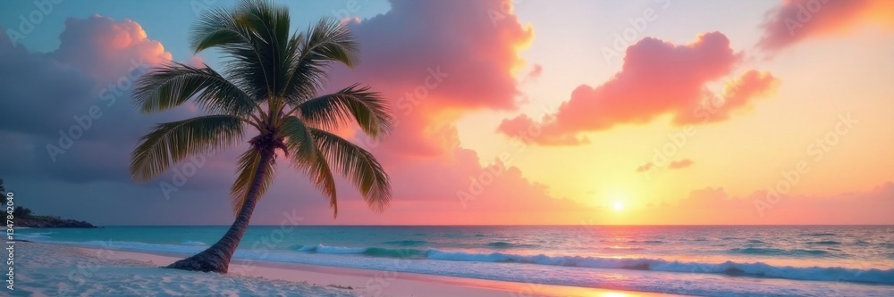 Snowy palm tree standing alone on a tropical beach at sunset, flowers, christmas tree Snowy palm tree standing alone on a tropical beach at sunset, flowers, christmas tree