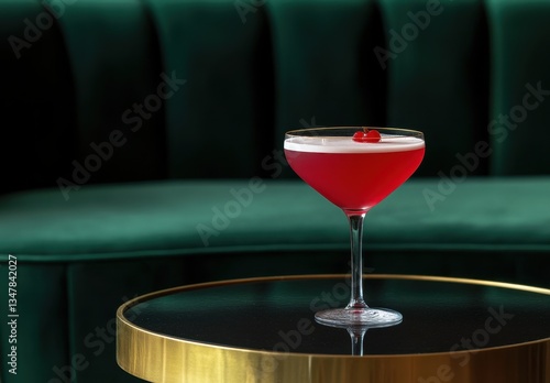 Elegant cocktail presentation with a vibrant red drink garnished with cherry served on a stylish table in a modern lounge setting with green upholstery