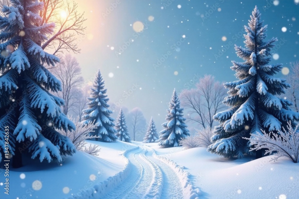 Obraz premium Snowy winter wonderland with frosted trees and sparkling snowflakes, festive lights, winter