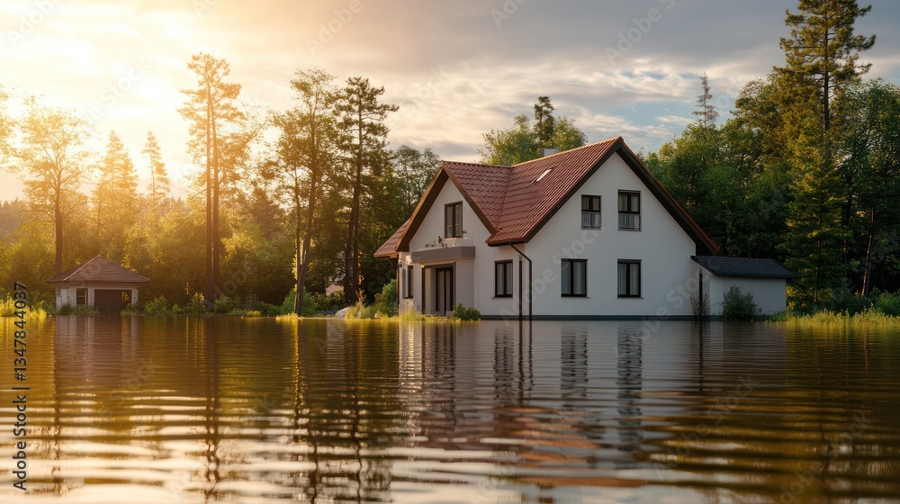 Flooded House in a Forest at Sunset: A Scene of Natural Disaster Flooded House in a Forest at Sunset: A Scene of Natural Disaster