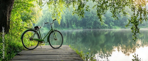 Vintage bicycle on a wooden dock by a serene lake, lush green trees