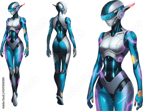 Futuristic Cyberpunk Style Female Robot Character in Neon Tech Armor and Visor