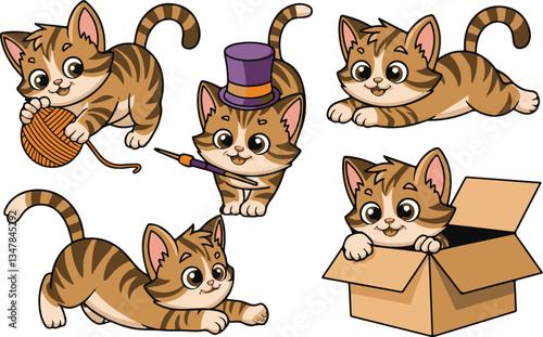 Adorable Tabby Kitten Cartoon Illustrations Playing with Yarn Ball and Cardboard Box