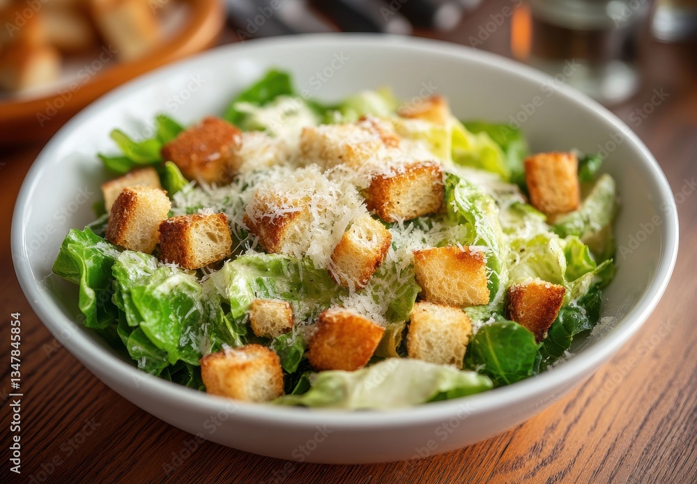 Fresh and Crisp Caesar Salad in a White Bowl with Croutons and Grated Cheese Served on a Wooden Table Fresh and Crisp Caesar Salad in a White Bowl with Croutons and Grated Cheese Served on a Wooden Table
