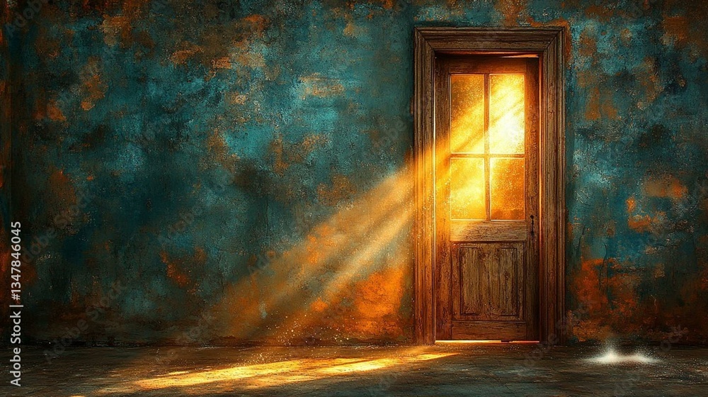 Old Wooden Door with Light Beams in a Grunge Room Old Wooden Door with Light Beams in a Grunge Room