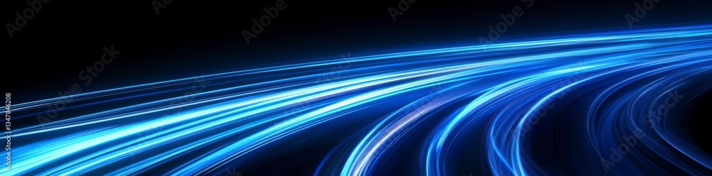Fototapeta premium Abstract blue, glowing light speed lines in curved motion on a black background