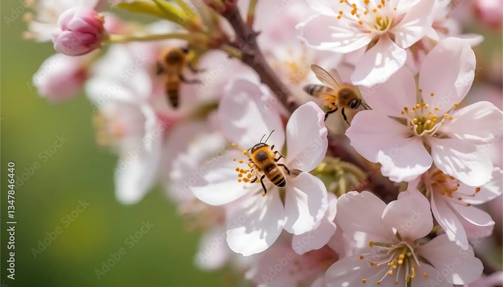 Bees Pollinating Cherry Blossoms in Springtime Garden with Soft Light Bees Pollinating Cherry Blossoms in Springtime Garden with Soft Light
