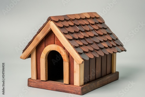 A small wooden dog house on a light grey surface
