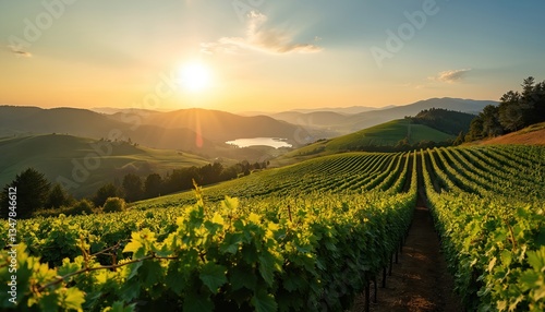 Scenic vineyard at sunset, sunlight over wine grapes fields. Countryside landscape, agriculture, winemaking, grape vines. Winery, tourism, harvest season, rural landscape, France. Vintage farm,
