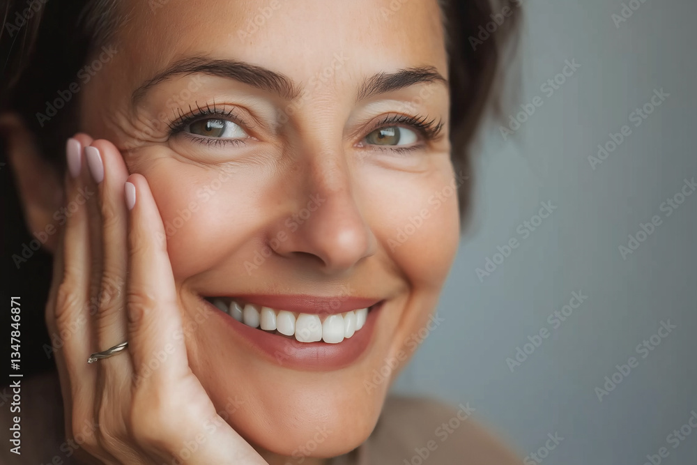 Beautiful mature woman smiling and touching her face Beautiful mature woman smiling and touching her face
