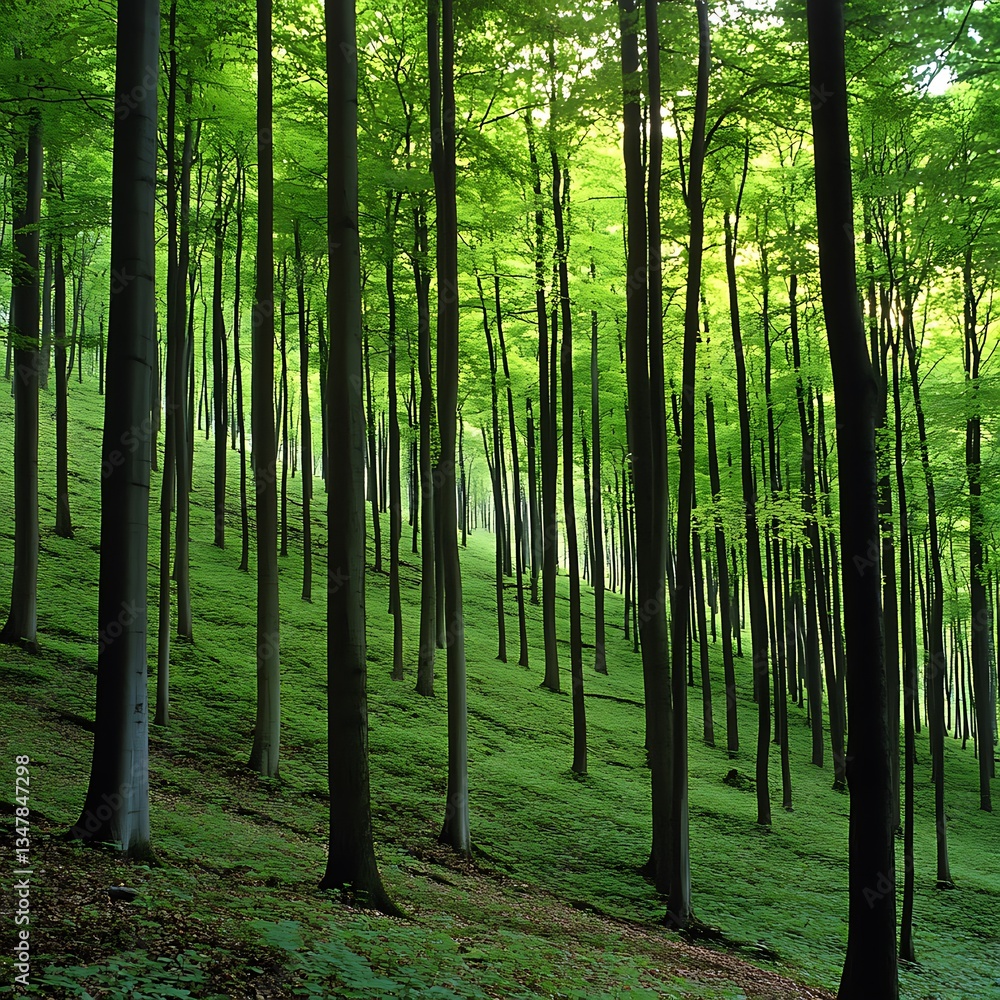 Fototapeta premium A lush forest scene featuring tall trees and green foliage