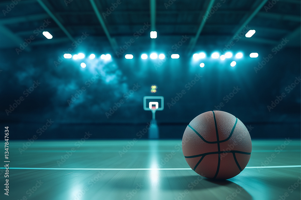 Basketball stands on court in empty arena waiting for game to start Basketball stands on court in empty arena waiting for game to start