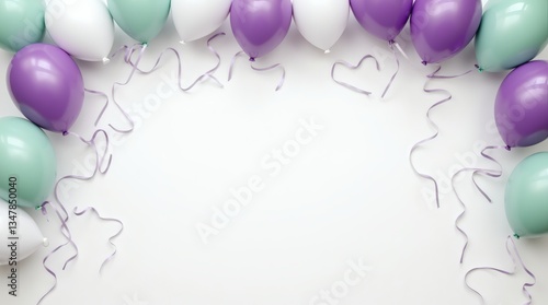 Balloons Party Frame White Fest, Balloons in purple, green, and white colors.