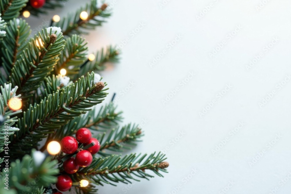 Twinkling Christmas tree branches intertwined with evergreen and holly garland against a snowy white background, winter, winter wonderland Twinkling Christmas tree branches intertwined with evergreen and holly garland against a snowy white background, winter, winter wonderland