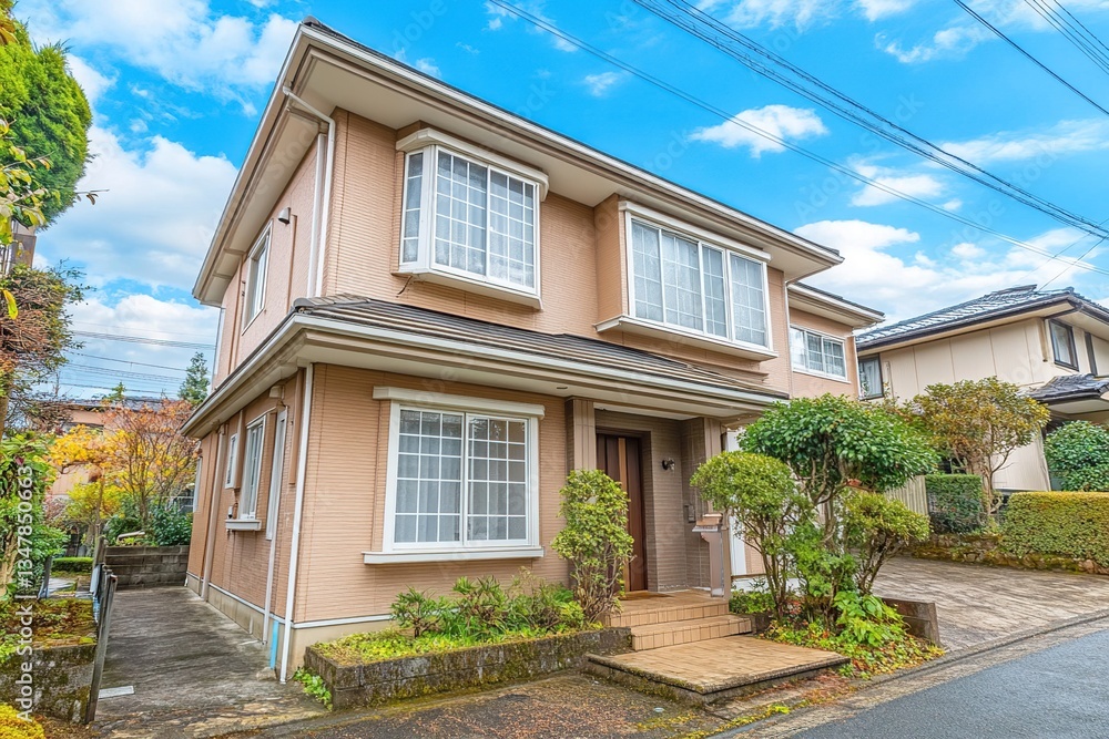 Beautiful Suburban House with Expansive Windows and Lush Landscaping under a Sunny Sky
