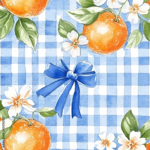 A seamless pattern of oranges and blue gingham, with an orange blossom in the center