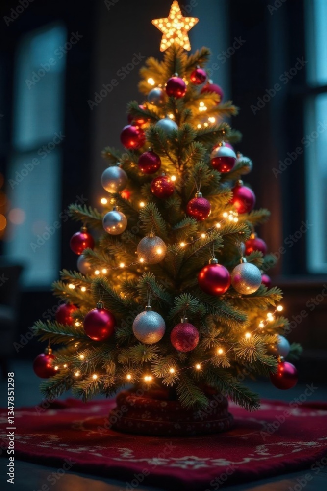 Vibrant Christmas tree adorned with shimmering baubles under a canopy of soft glowing lights , colors, ornaments Vibrant Christmas tree adorned with shimmering baubles under a canopy of soft glowing lights , colors, ornaments