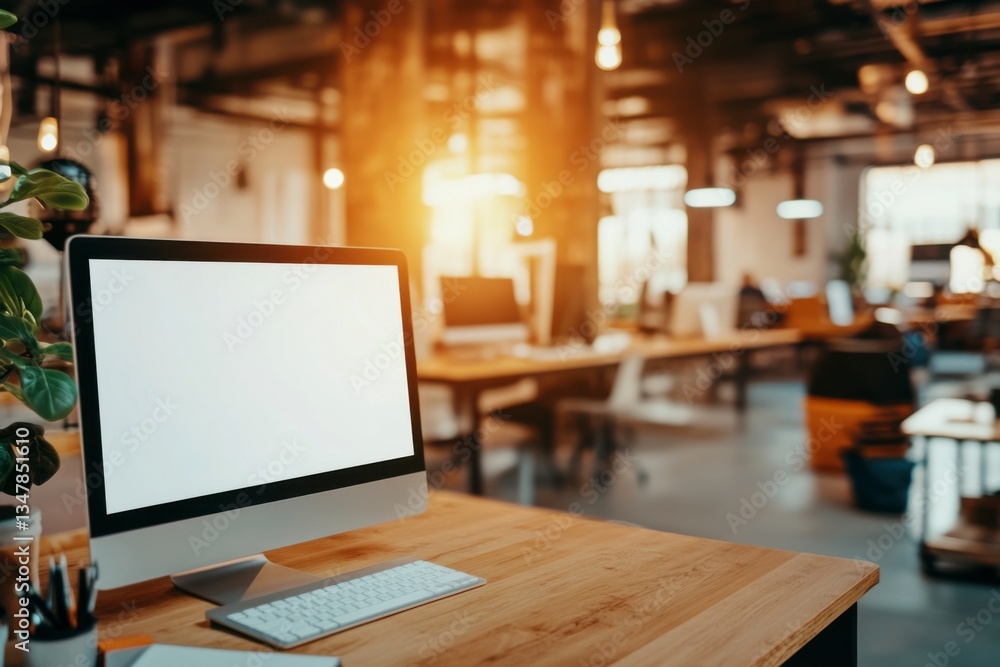 a computer with a blank white screen on a wooden desk in a modern office interior mock-up a computer with a blank white screen on a wooden desk in a modern office interior mock-up