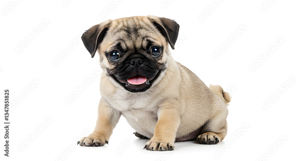 Fototapeta premium Cute Pug Puppy Sitting on White Background