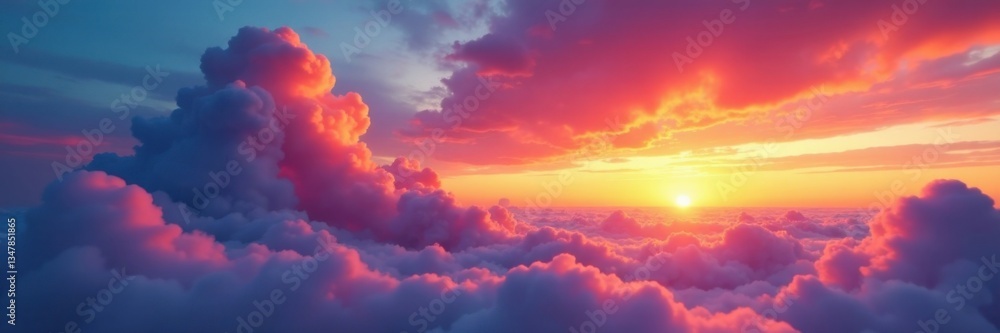 Vibrant swirling clouds of color envelop a serene landscape at sunset, hues, gradient