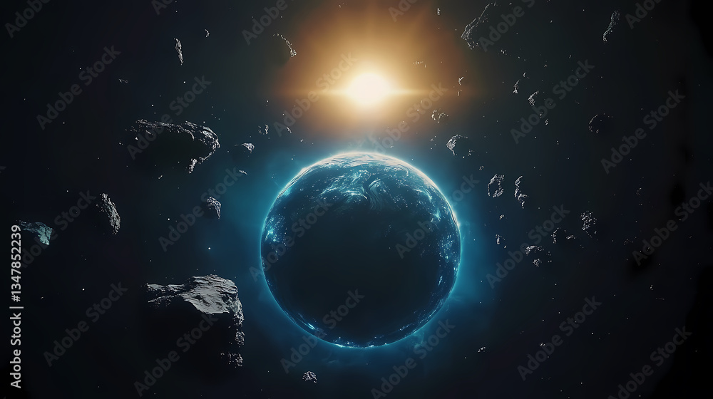Obraz premium Glowing blue planet surrounded by floating asteroids