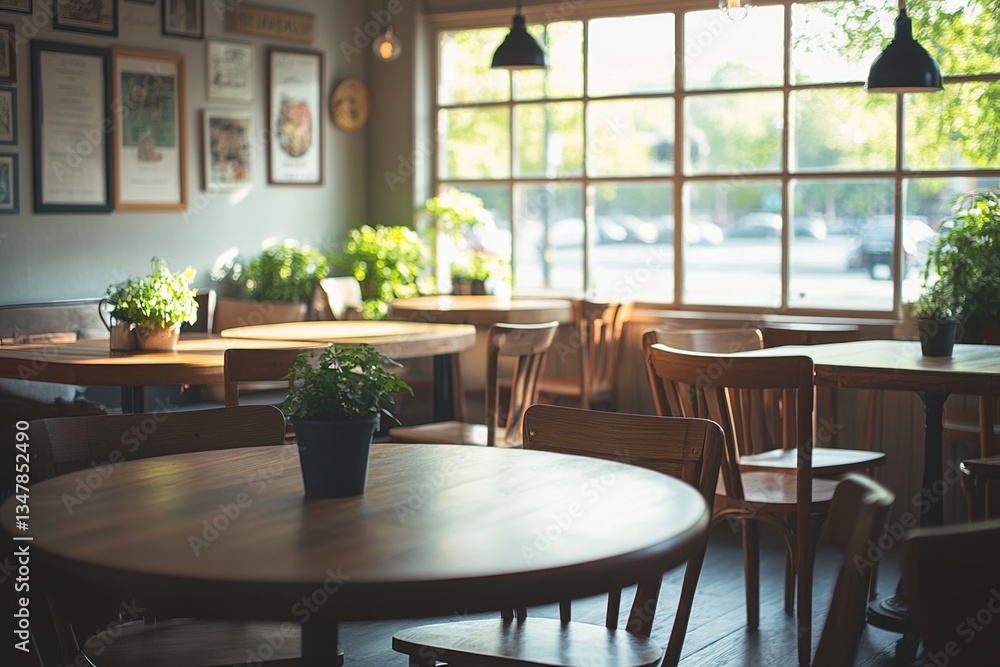 Sunlight Streams into Cafe, Illuminating Wooden Tables and Chairs, Plants Adorn the Space, Creating a Relaxing Atmosphere. Sunlight Streams into Cafe, Illuminating Wooden Tables and Chairs, Plants Adorn the Space, Creating a Relaxing Atmosphere.