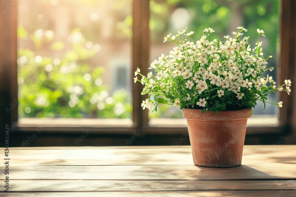 Sunlight streams through window, showcasing potted white flowers on wooden table Sunlight streams through window, showcasing potted white flowers on wooden table