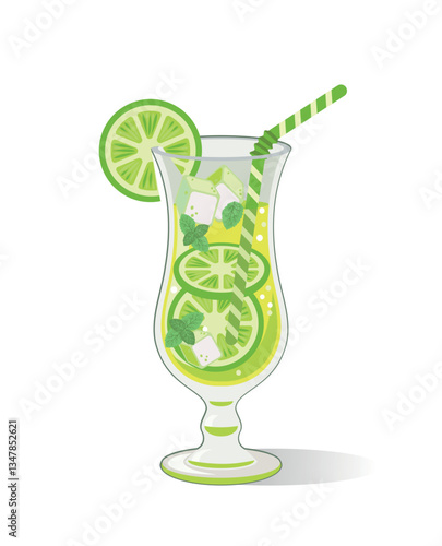 Vector illustration  of mojito cocktail in a Hurricane glasson white  background isolated