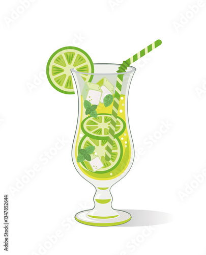 Illustration  of mojito cocktail in a Hurricane glasson white  background isolated