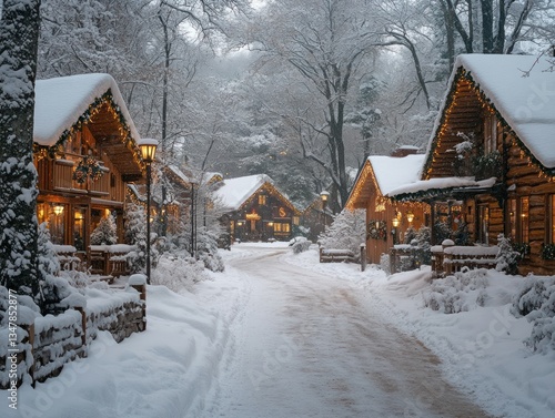 Wallpaper Mural Snowy village street with cozy, warmly lit log cabins. Torontodigital.ca