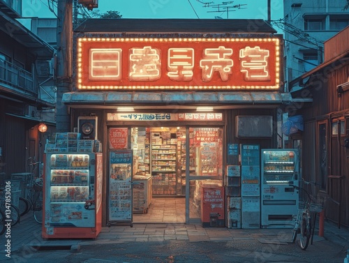 Japanese convenience store with vending machines and bicycles.