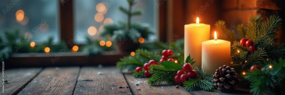Warmly lit Christmas scene with evergreen branches, holly, mistletoe, candles, and pinecones in a cozy winter setting, Christmas Scene, Pinecones Warmly lit Christmas scene with evergreen branches, holly, mistletoe, candles, and pinecones in a cozy winter setting, Christmas Scene, Pinecones