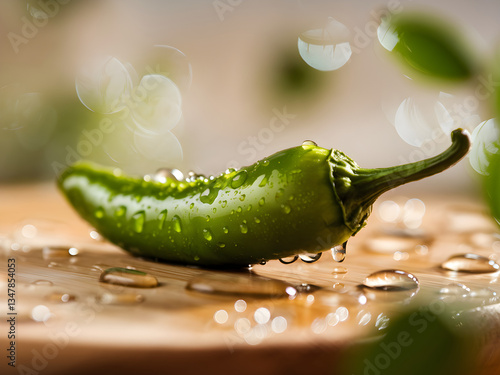 A single green chili pepper covered in water droplets lying on a wooden surface with bokeh lights photo