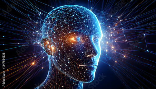 Représentation futuriste d’un visage numérique et réseaux neuronaux