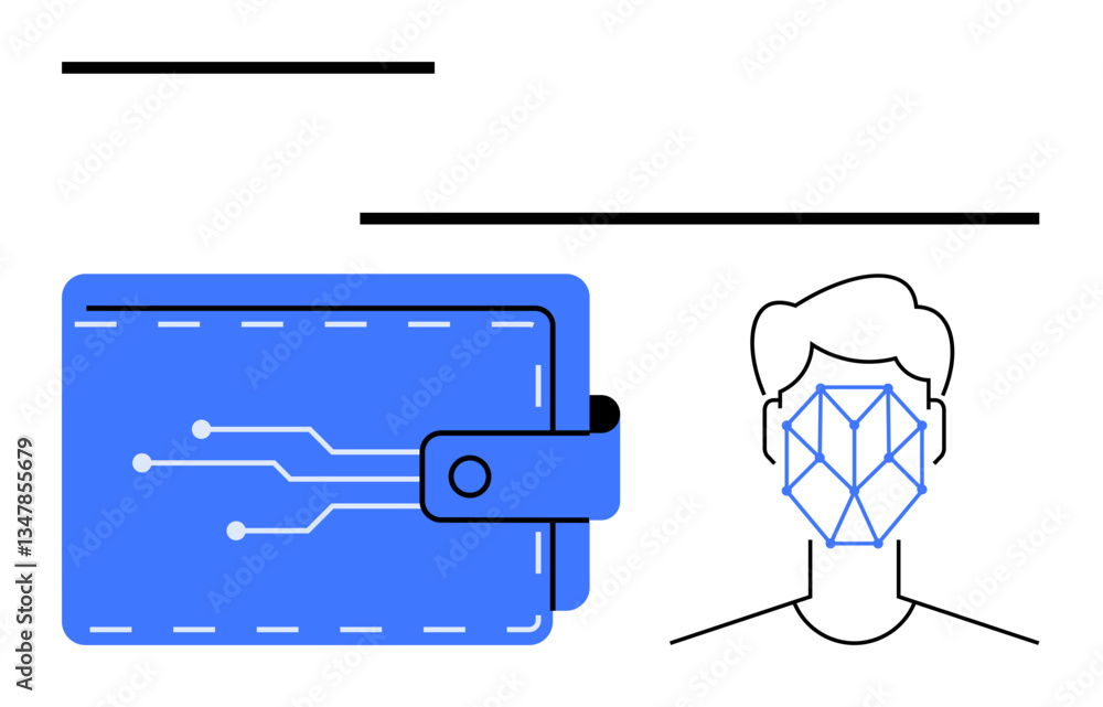 Naklejka premium Electronic wallet icon with circuit-thumbs up patterns and biometric face scan outline. Ideal for finance, digital payments, cybersecurity, biometrics, technology, authentication, passwordless